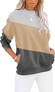 Sudaderas casuales de manga larga para mujer, con bloques de color/sólidos, cuello redondo, lindo, ajuste holgado, con bolsillos