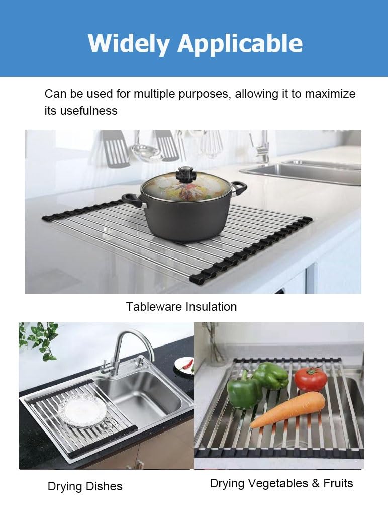 Escurridor de Platos Enrollable for Fregadero, Plegable, de 32 a 60 cm, de Alambre de Acero Inoxidable, for encimera de Cocina(L 46cm/18.1in)