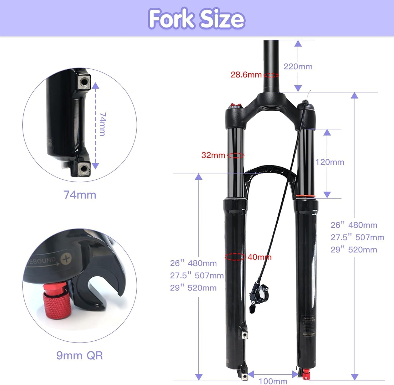 MTB Forcella 26 27.5 29 Pollici MTB Forcella Ammortizzata Corsa 120mm, 1-1/8 Tubo Dritto/Tubo Conico Forcelle Mountain Bike (Blocco Remoto Diritto, 29 Pollici)