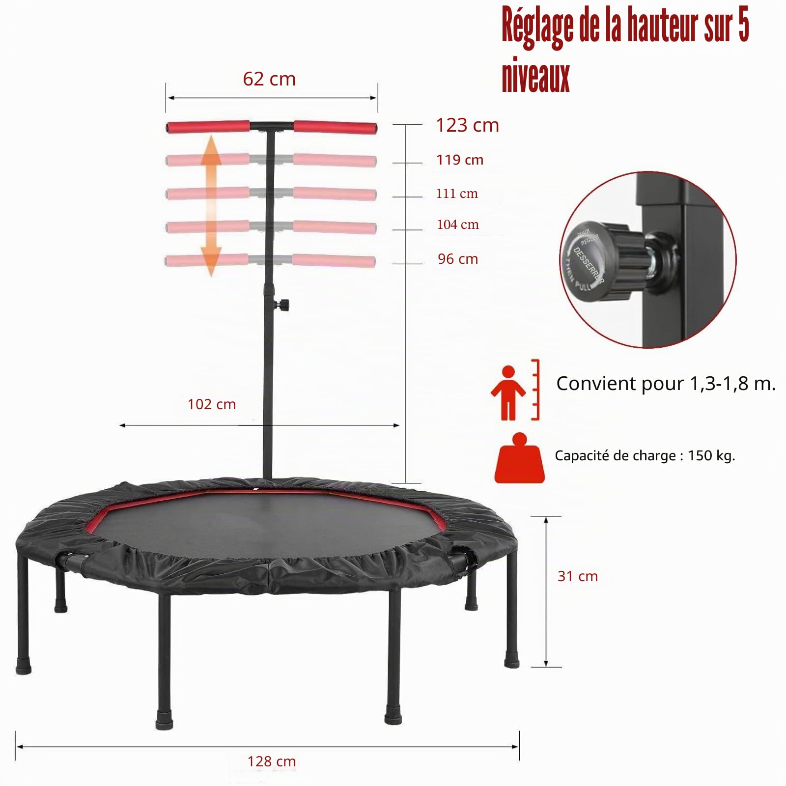 LIFERUN Mini Trampoline d'intérieur pour Adultes Ø 128 cm,Petit Trampoline de Fitness,Saut rebondissant,Capacité de Charge 150 kg,Corde en Caoutchouc,Poignées réglables en Hauteur,Maison, Rouge