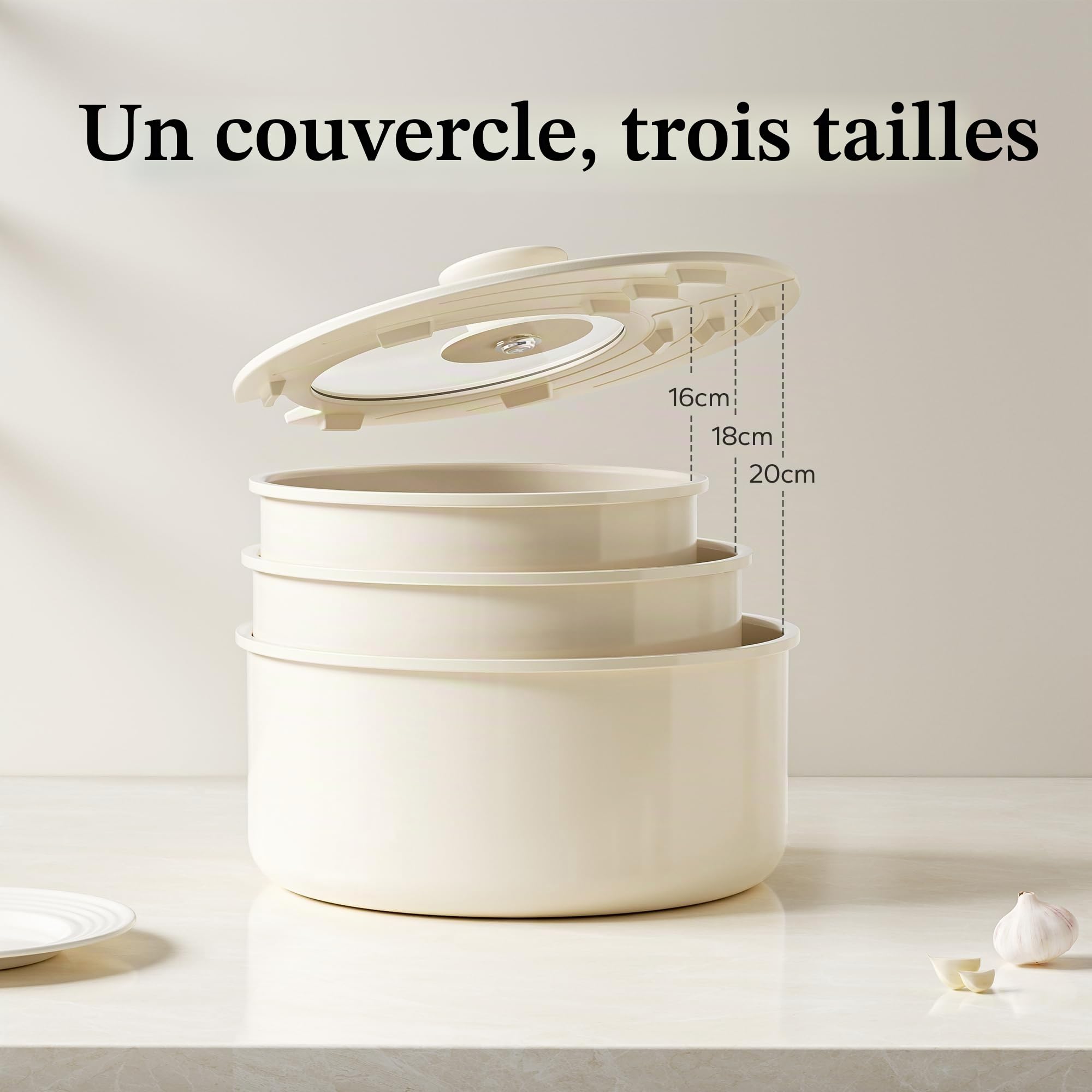 Redchef Set de Casseroles en Céramique, Lot 3 Poignées Amovibles, Anti-adhésives 16/18/20 cm, Casserole Induction, Couvercle 3 EN 1, Passe au four, sans PFOA, Tous feux dont induction (Beige)