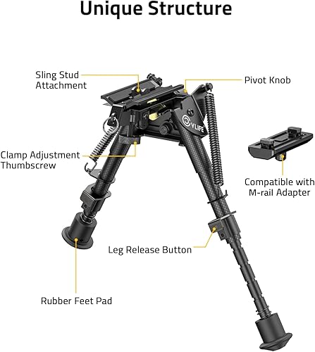Miniatura 4 de CVLIFE 6-9 Inches Carbon Fiber Rifle Bipod, Pivot Tilting Bipods for Rifles with Adapter Compatible with Mlok Swivel Bipod for Hunting and Shooting