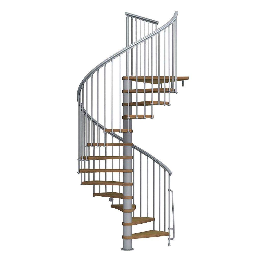 Arke Nice1 Wood Tread Spiral Staircase Kits - 107-1/2" to 119-5/16" Height - Satin Grey - Adjustable, Interior Stairway (63" Diameter)