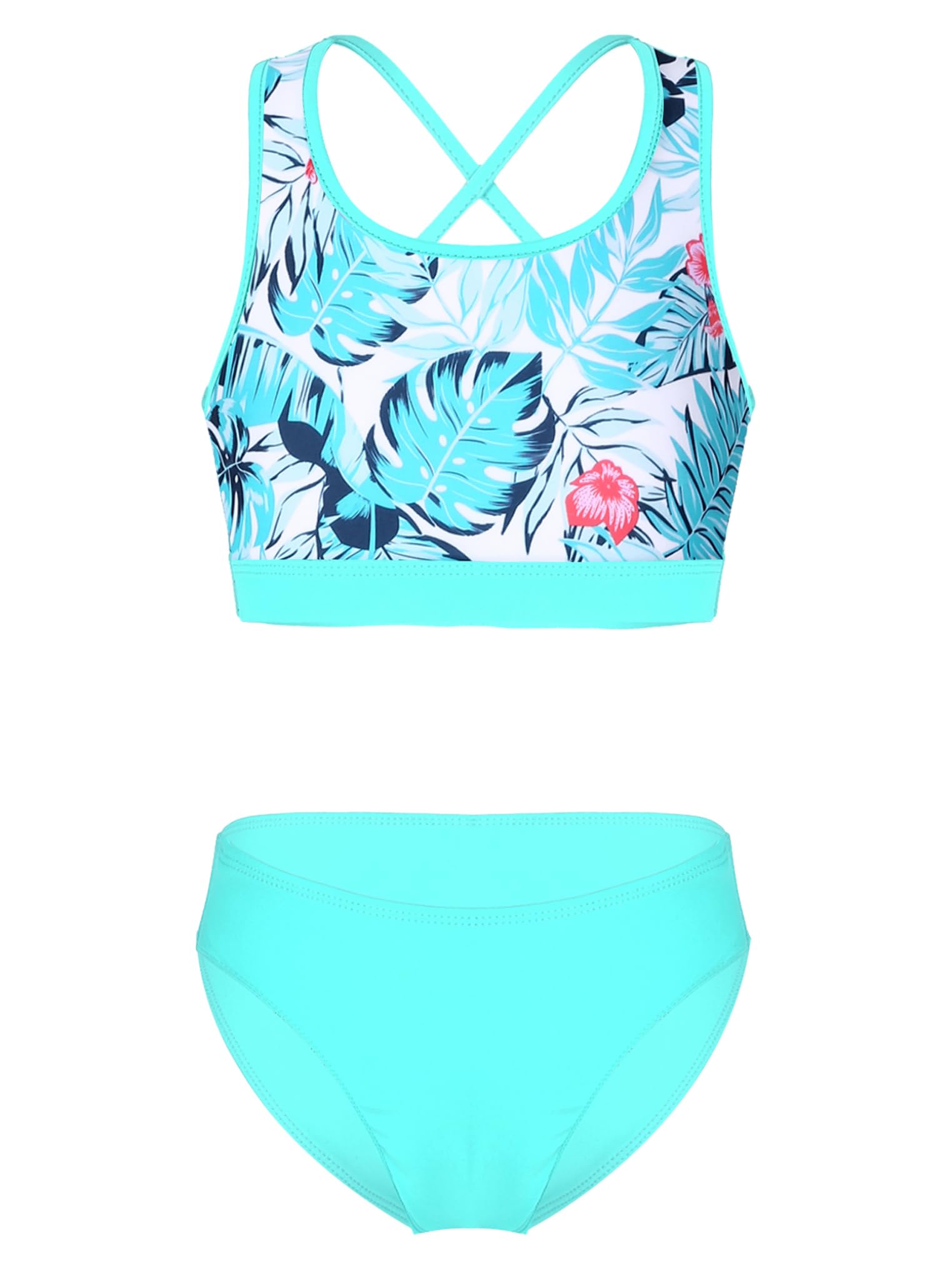 Kaerm Girls Quick Dry Rash Guard Sets with Bikini Bottoms Swimwear Beach Sport Tankini Green Palm Leaf 8 Years