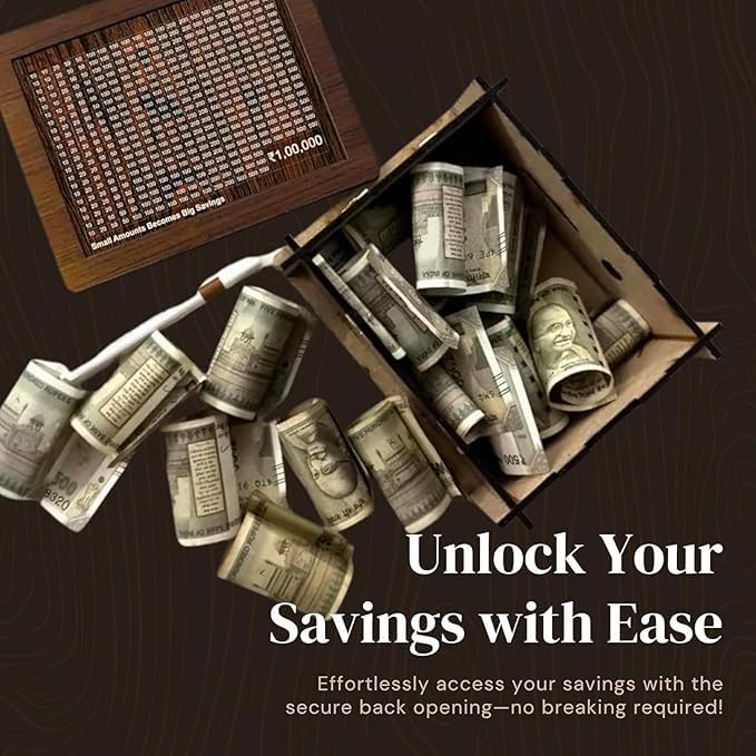 Image of ART MAGIC Money Saving Box for Adult 100000 -Money Box, Wooden Money Saving Box,1 Lakh Money Saving Box,Money Collecting Box Adults Kids, Small Amount Big Storage 100000 Savings Money Box,Challenge