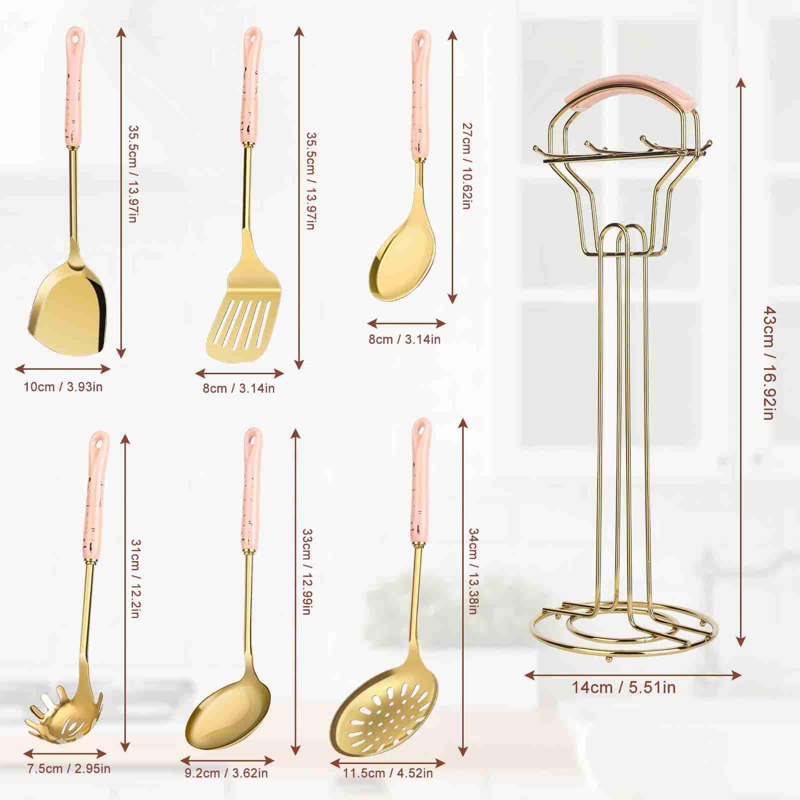 Luocute Set di Utensili da cocina da 7 Pezzi, Utensili da cocina in Acciaio Inossidabile con Manico in Ceramica con Design Lucidato a Specchio, per Uso Domestico Elegante Collisione di