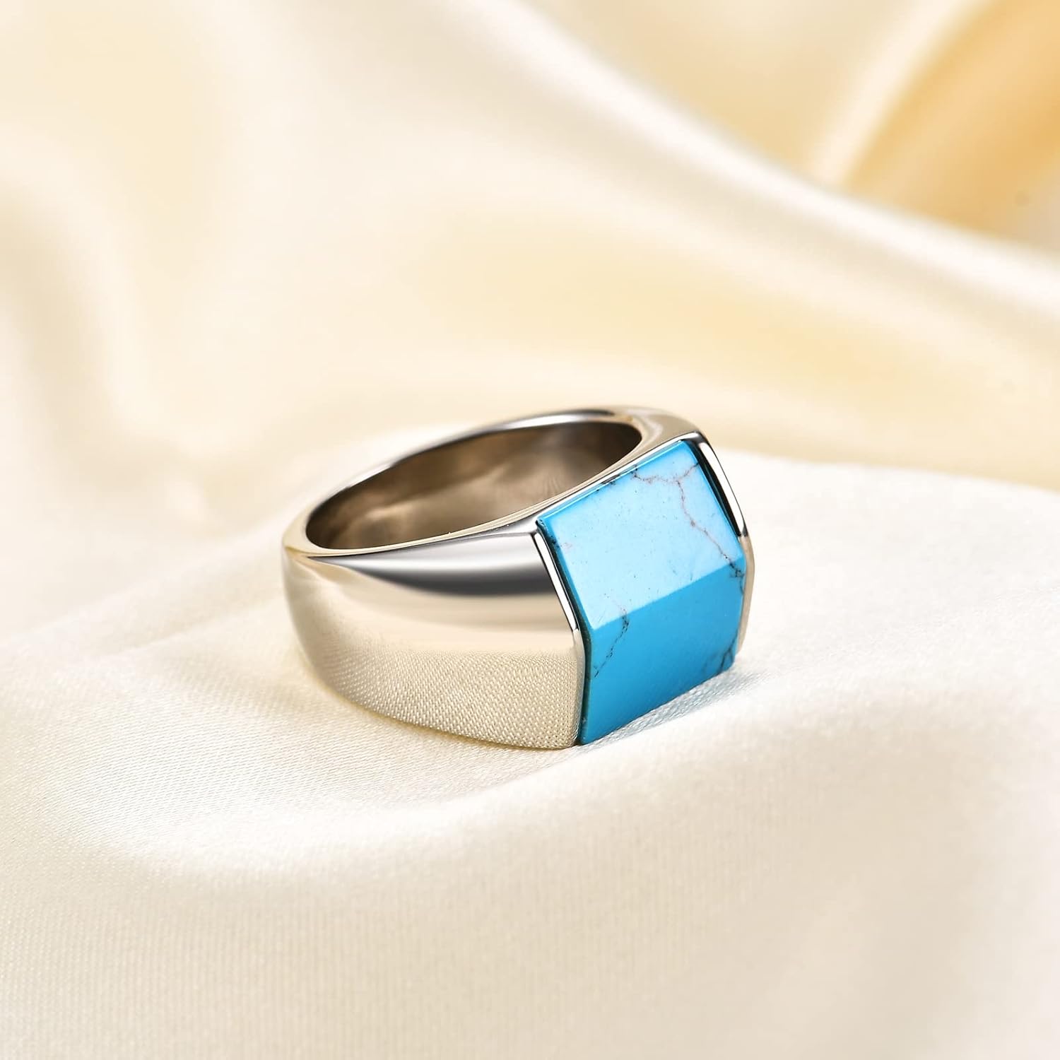 Men's Turquoise Rings 13x15mm Square Cut Turquoise Titanium Steel Ring 18K Gold Plated Jewelry Gift for Men Women Size 7-12