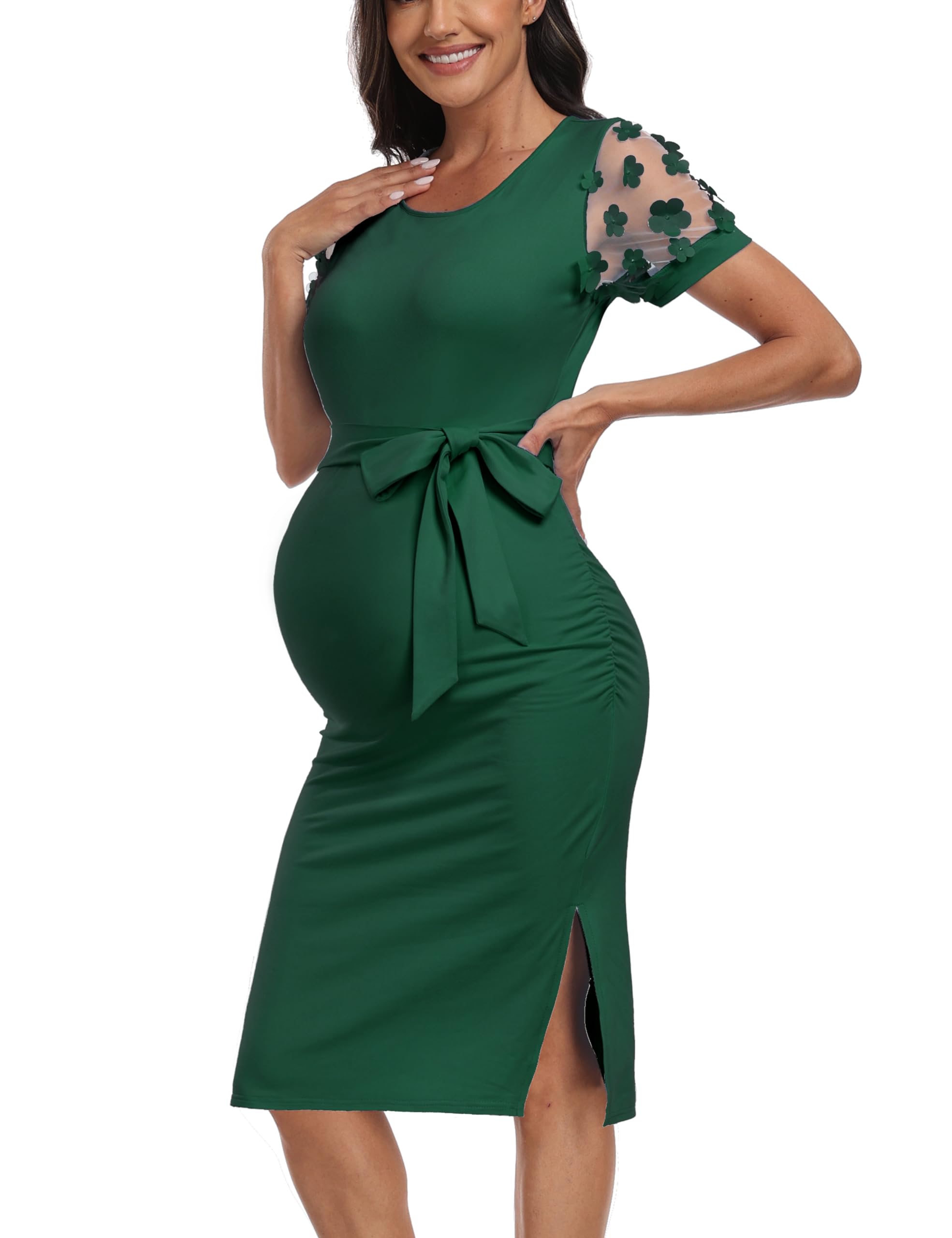 Floral Mesh Bishop Short Sleeve Maternity Midi Dress, Side Split Maternity Bodycon Dress for Baby Shower/Photoshoot