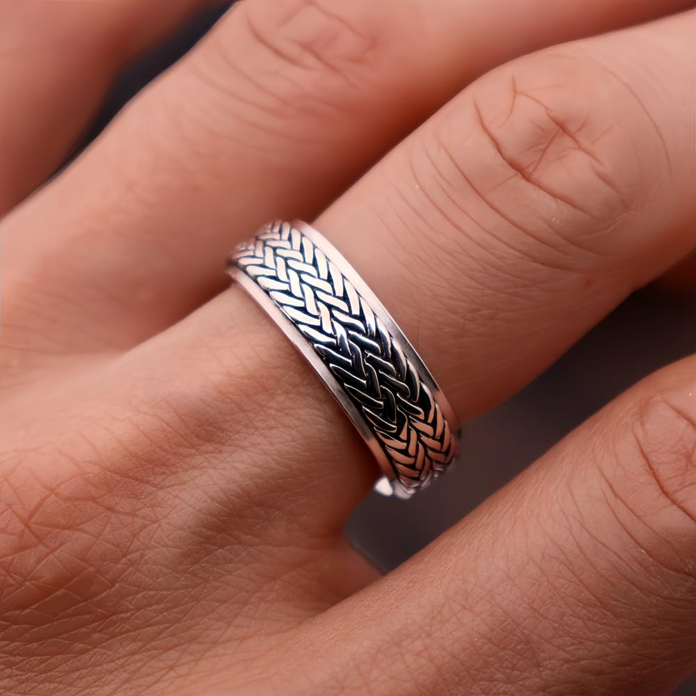 Bague tressée en Argent Sterling 925, Anneau Rotatif, Anti-Stress, anxiété, pour Hommes et Femmes, Taille 7,5 à 11,5