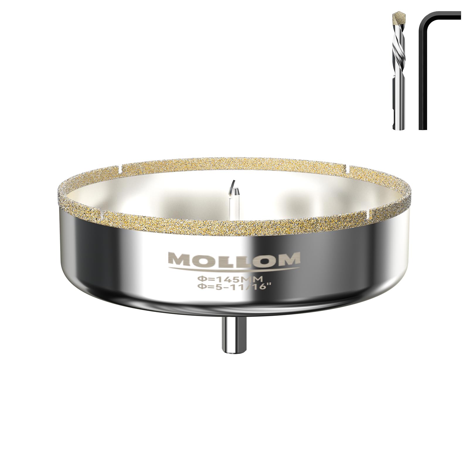 Mollom 5-11/16" (145mm) Diamond Hole Saw with 2Pcs Removable Pilot Drill Bit Smooth Cutting for Porcelain Tiles,Glass,Ceramic,Marble,Fiberglass,etc