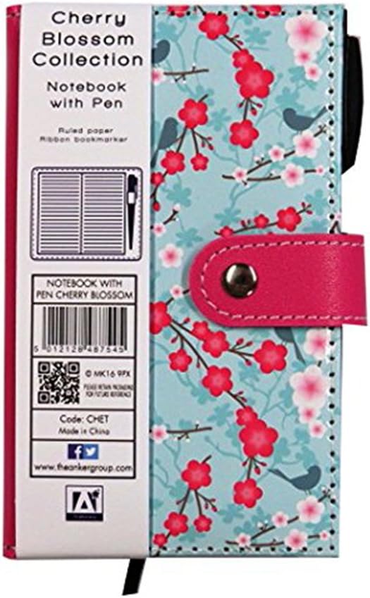 Cherry Blossom Slim Faux Leather Pocket Closing Notebook with Pen - Size 155mm x 94mm