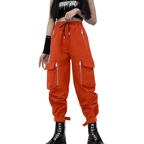 MEINVQIAOTI Black Cargo Pants Women Loose Chained Pants Multi-Pocket Multi-Zip Punk Goth Pants - XX-Large - Orange