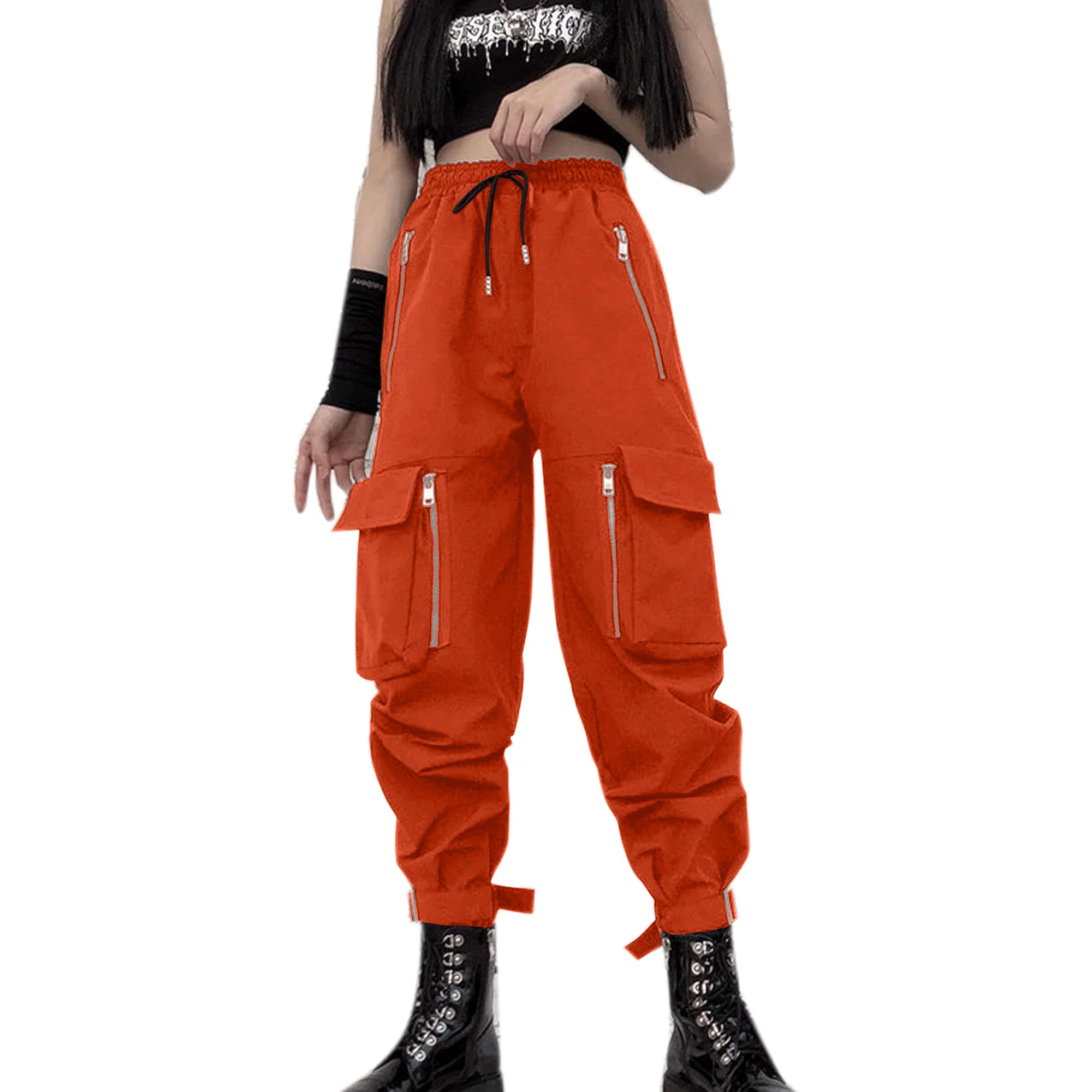 Black Cargo Pants Women Loose Chained Multi-Pocket Multi-Zip Punk Goth Pants