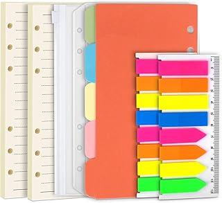 Teenitor 2 Packs Personal Refills Paper + A6 Index Dividers +2 Pcs Binder Envelope Pockets + 320 Pcs Sticky Tabs - A6 Refillable Notebook Lined Paper, Colorful Subject Dividers with PET Index Flags