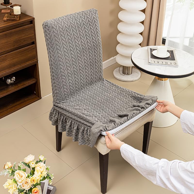 Image of Dining Chair Covers with Skirt, Chair Covers for Dining Room Set of 4,Green Durable High Elastic Stretchable Easy Fit Universal Furniture Protector for Dining Room, Hotel, Ceremony