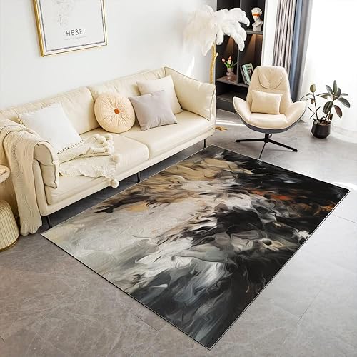 Miniatura 4 de Alfombra abstracta de color negro, beige y marrón, 3 x 4 pies, retro, para sala de estar, alfombras lavables neutrales para sala de estar, alfombra