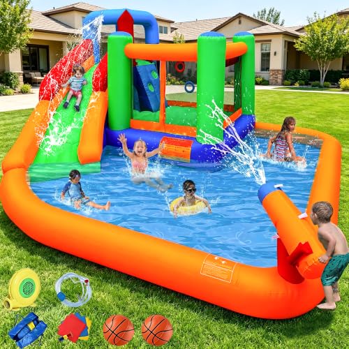 7 in 1 Inflatable Water Slide Spin Combo Jumper Bounce House with Large Slide,Bounce Area,Climbing Wall,Splash Pool,Water Cannon, Basketball Rim, 550W Blower for Backyard Party Water Park