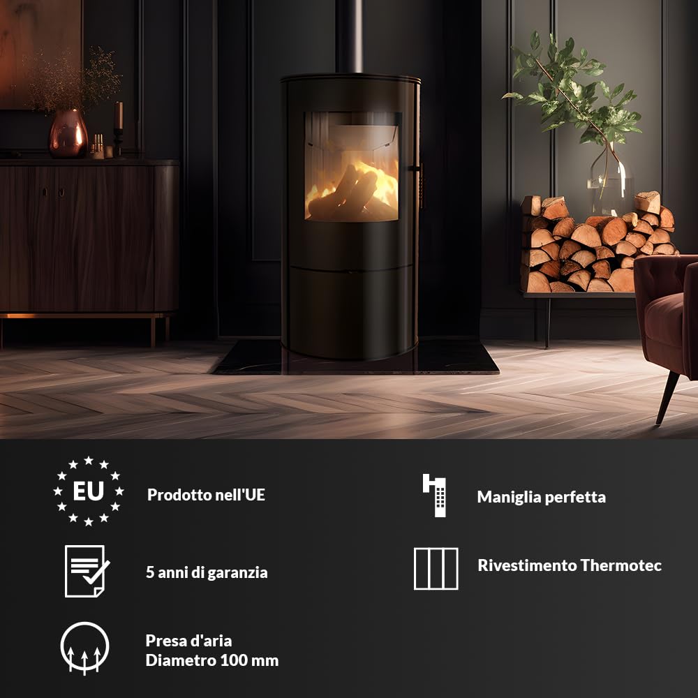 KRATKI Stufa a legna in acciaio ROLLO 7 kW Ø150 A Ecodesign alta efficienza | Acciaio nero, efficienza 80,1%, classe A. Ecodesign, BImSchV 2; per recupero calore.; combustione efficiente; basse emissioni