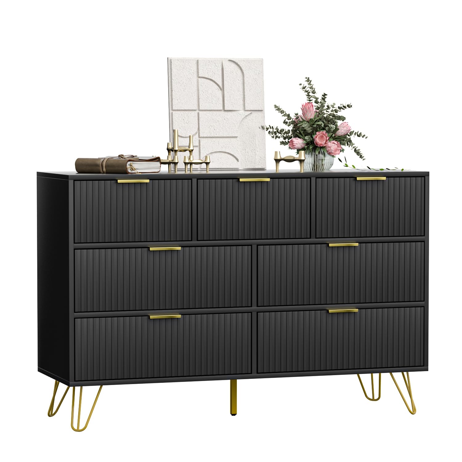 FURNIWAY Dresser for Bedroom, Black Bedroom Dresser with 7 Drawers, Modern Wide Dresser with Gold Pulls