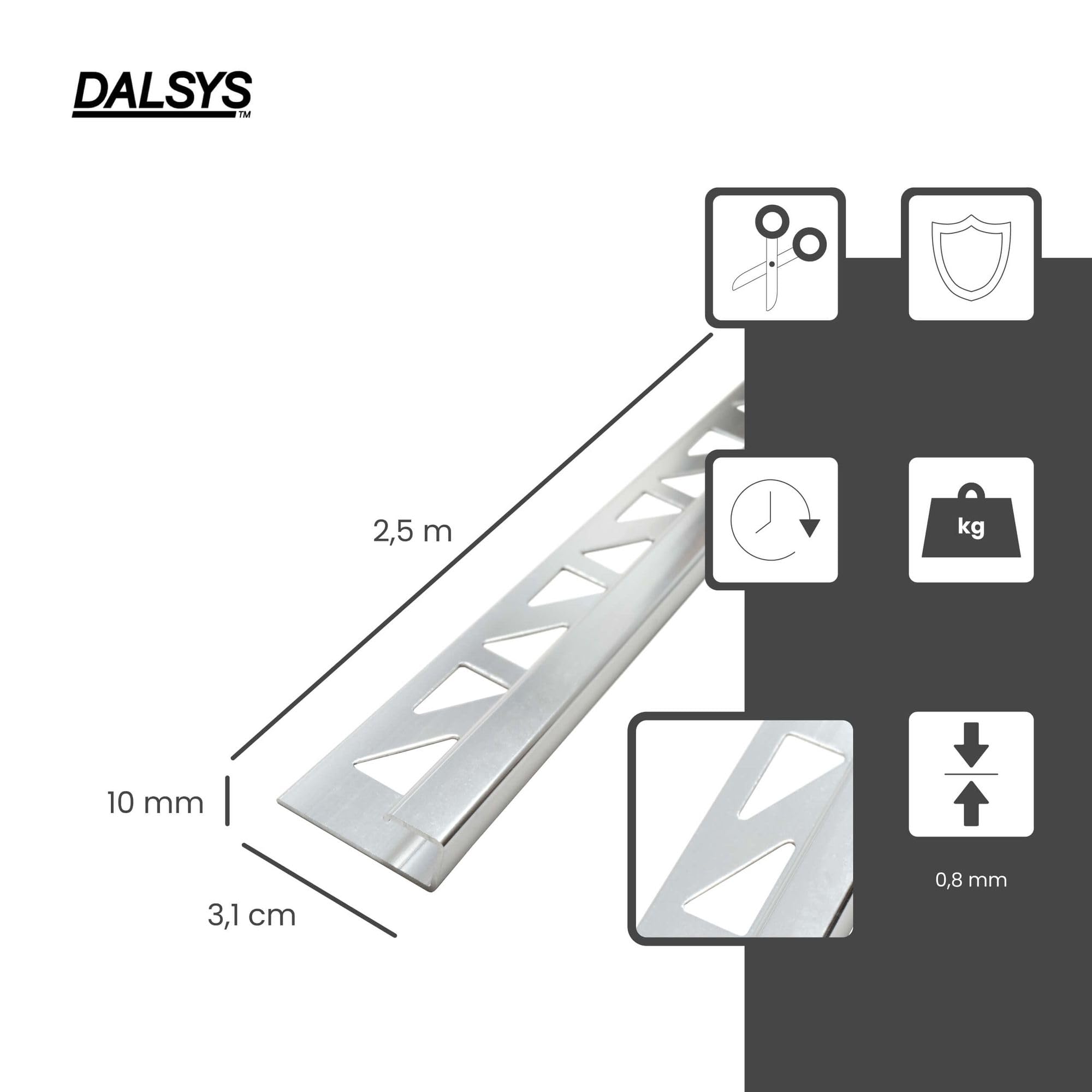 Fliesenschiene 2,5m x 10mm Eckprofil Quadratprofil Aluminium eloxiert Silber matt Fliesenprofil