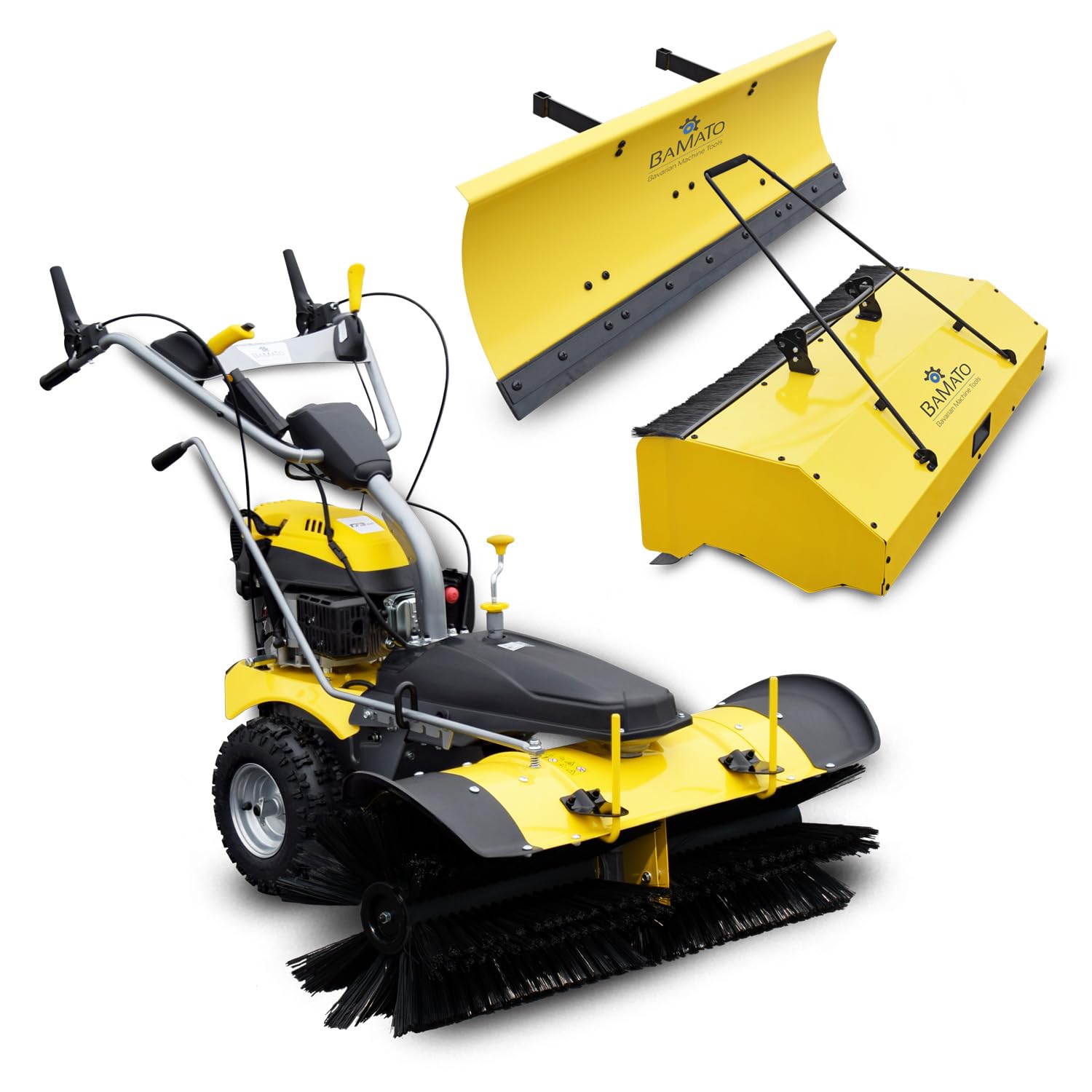 BAMATO Kehrmaschine KEM-1000 | Kehrbreite 1000 mm | mit E-Start & vers. Aufsätzen | 5 IN 1 | Antrieb mit Stollenprofil | E-Start | inkl. Schneeschild | inkl. Auffangbehälter