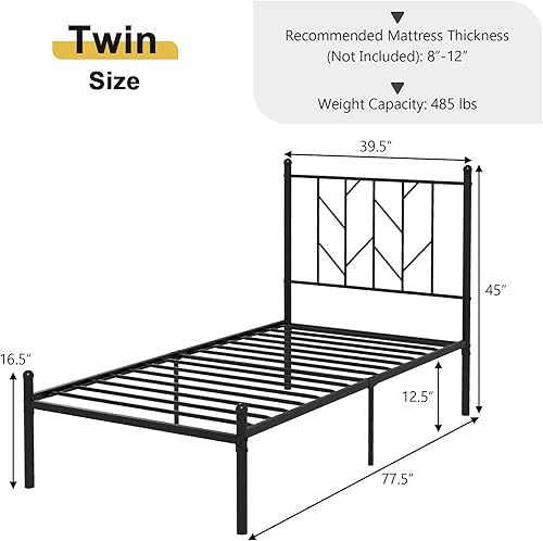 Miniatura 22 de Giantex Base de cama de metal negro con cabecera de estilo victoriano, base de cama de plataforma de 12.5 pulgadas con soporte de 14 listones de
