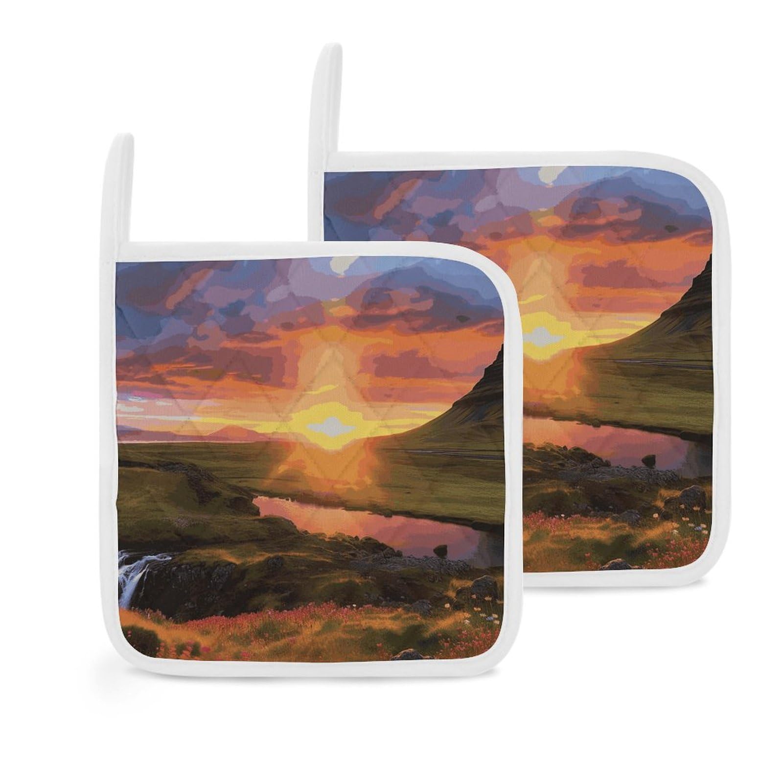Btcowzrv Style Iceland Sunset 2 Pack Pot Holders For Kitchen, Heat Resistant Potholder Set With Hanging Loops, Hot Pads For Oven Baking Cooking