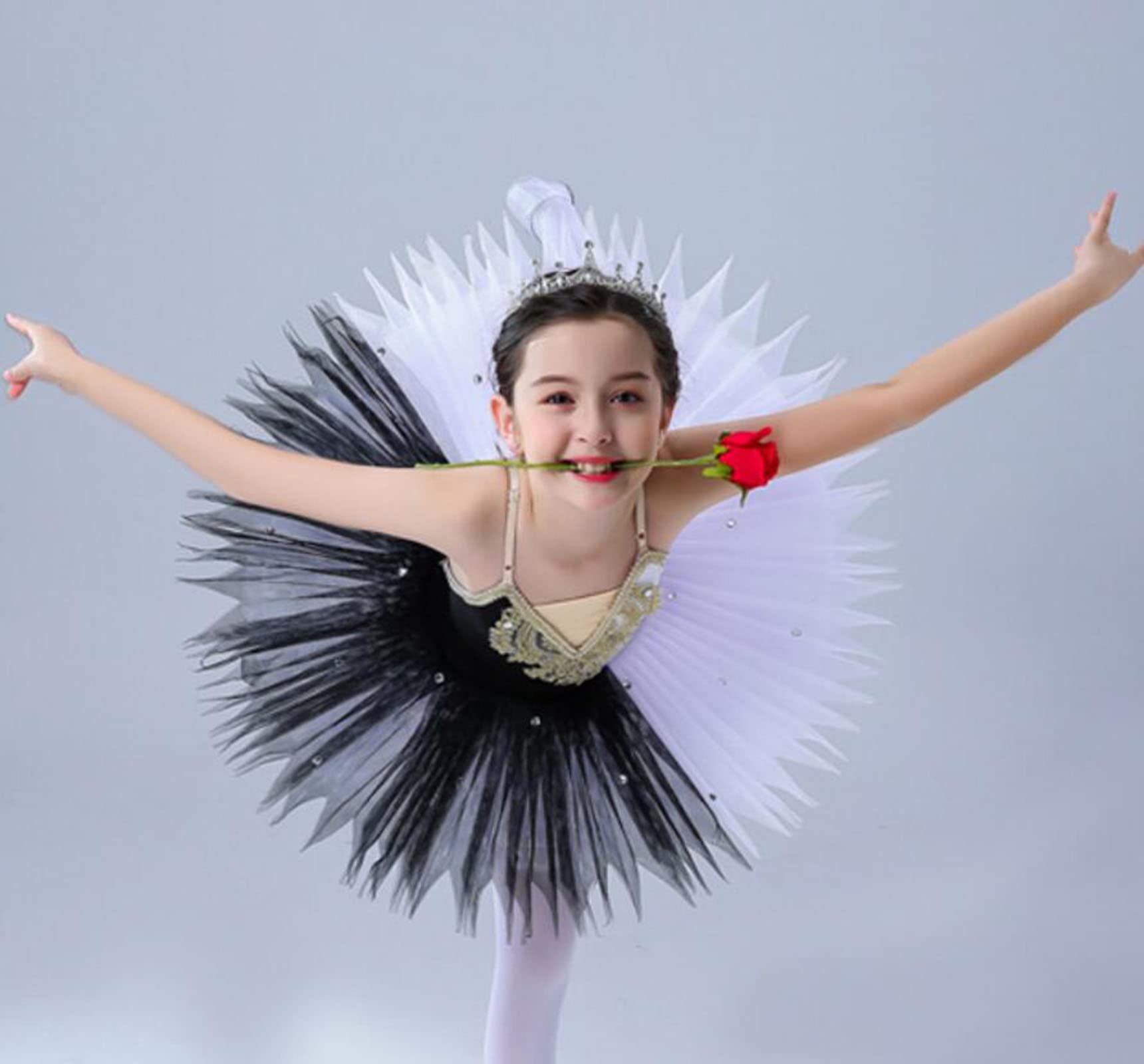 OTMYIGO Falda tutú de Ballet para niña, Vestido de Ballet, Disfraz de Lago de los cisnes para niños, Vestido de Lago de los cisnes de Ballet Profesional para niña,Black and White,170