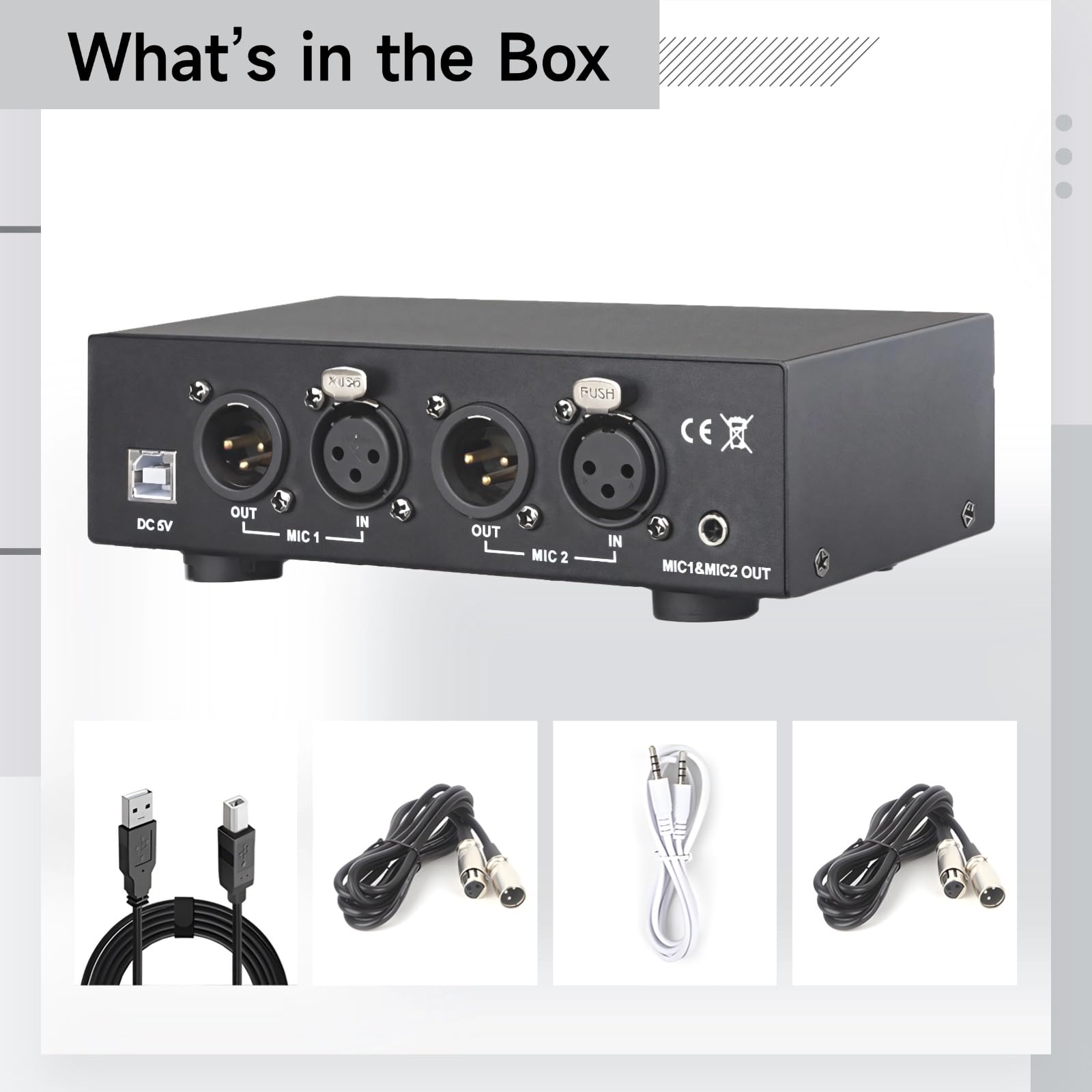 Phantomspeisung für Mikrofon, Dual XLR Ein- und Ausgang, Edelstahl, USB DC 5V, 160mm x 81mm x 42mm, inklusive Strom- und Audiokabel für Broadcast