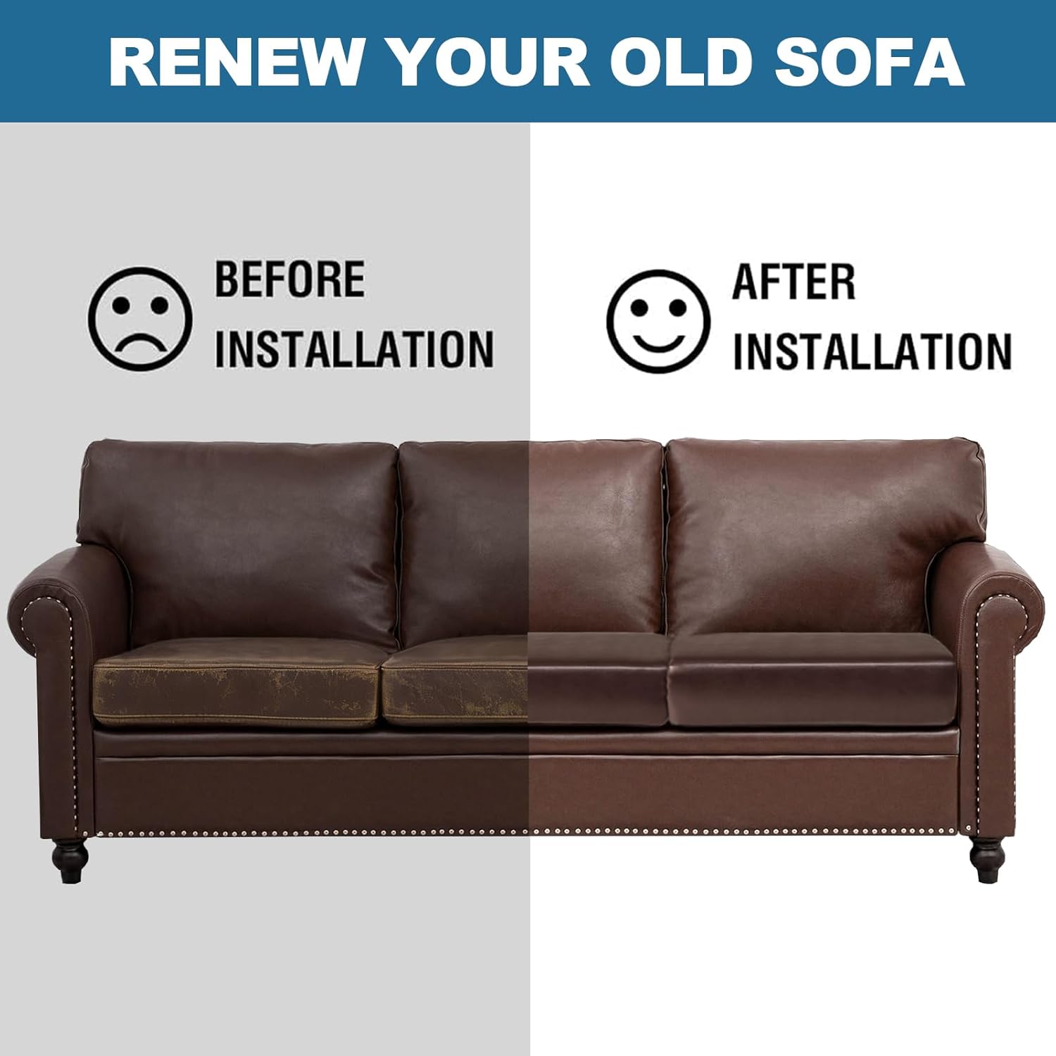 PU Leather Sofa Cushion Covers Sofa Seat Slipcover with Elastic Bottom Waterproof Furniture Protector for Children, Pet, Set of 3 (3 Pieces, Chocolate)