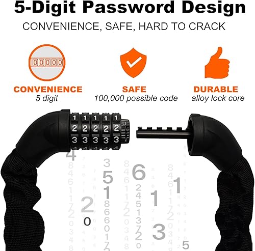 Miniatura 3 de Cadena de bloqueo de bicicleta, combinación de 5 dígitos, cerradura de cadena antirrobo de alta resistencia, 3.2 pies de largo, cerraduras de