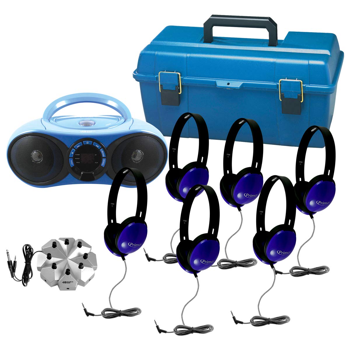 HamiltonBuhl LCMVP1 AudioMVP 6 Station Listening Center; Includes (1) HB100BT2 Bluetooth/CD/FM Boombox, (6) PRM100 Primo Headphones, (1) JBP8VA Jackbox and (1) Small Lockable Carry Case