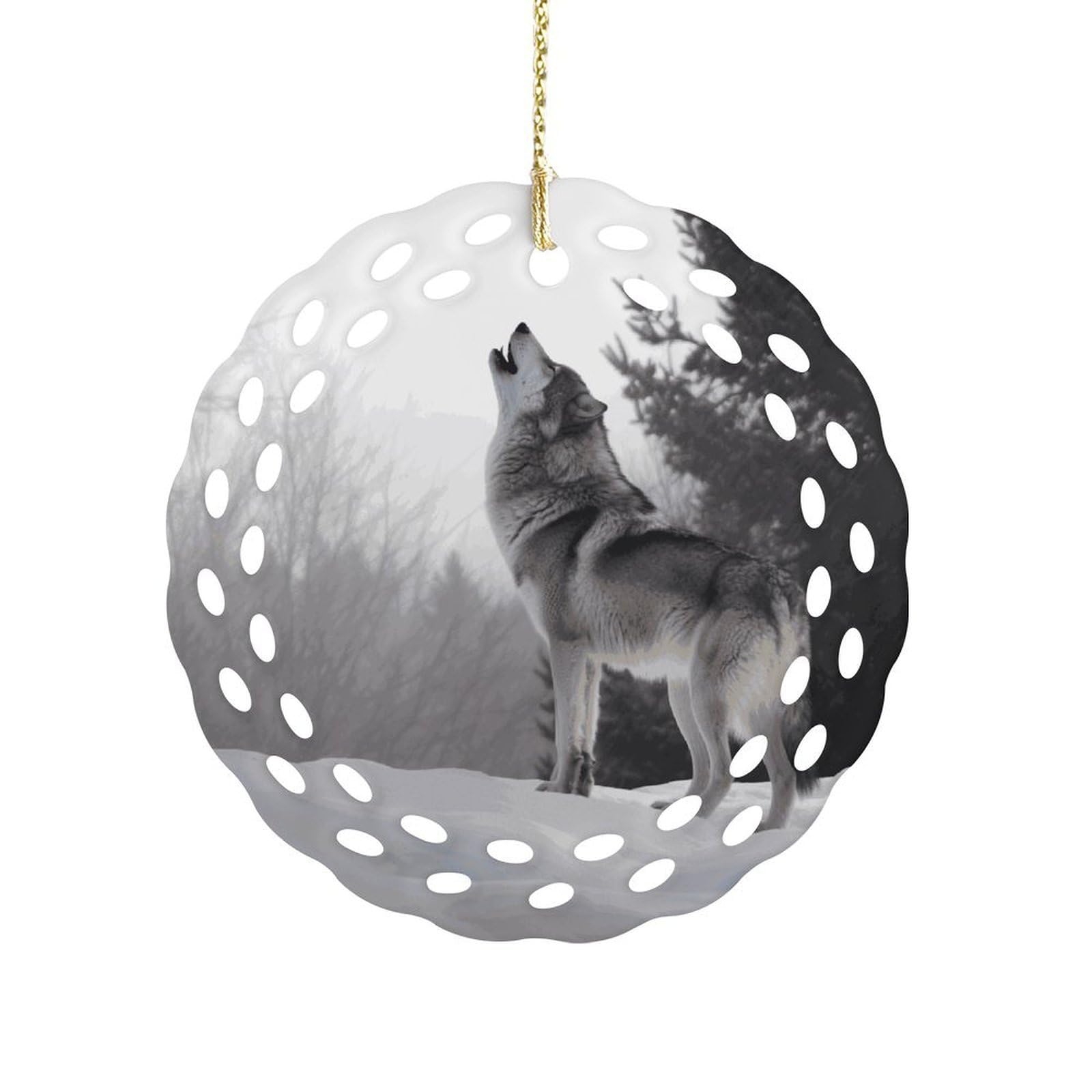 Btcowzrv Style Howling Wolf Ceramic Ornament,Round Ornaments With Hole Easy To Hang,Hanging Ornament For Wedding Party Home Window Garden Christmas Day Decor