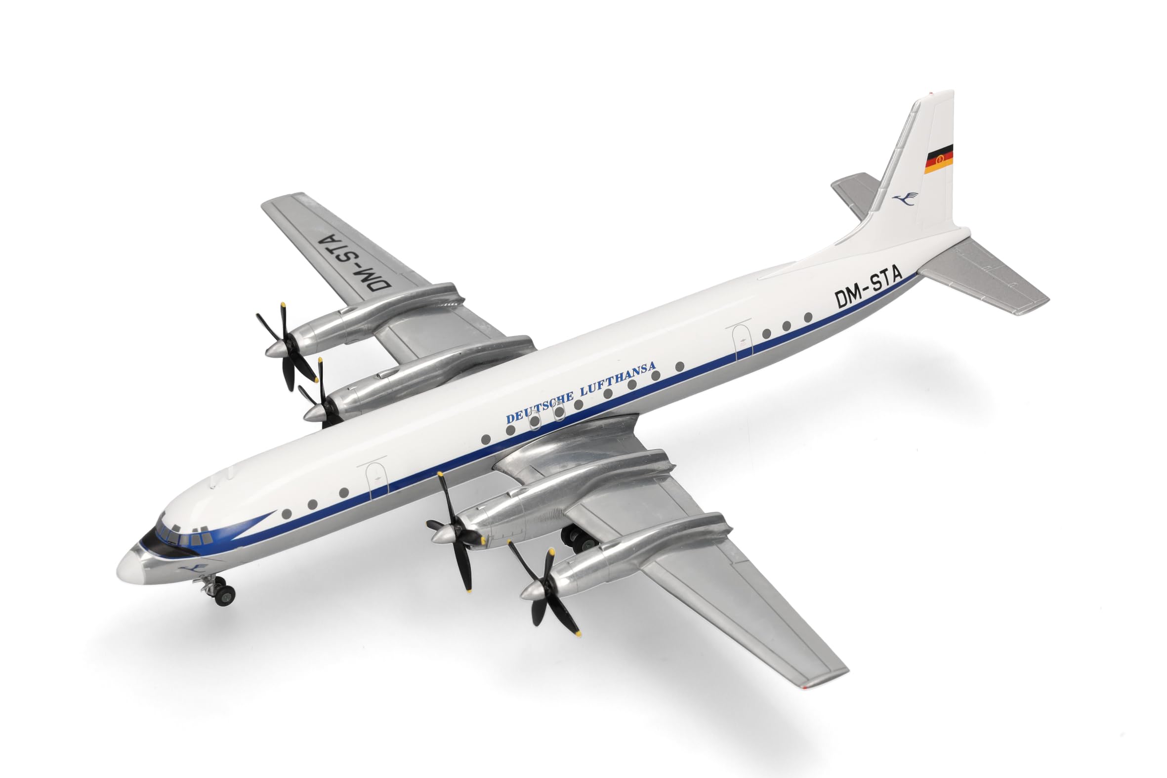 Herpa Modellflugzeug Deutsche Lufthansa Ilyushin IL-18 - DM-STA, Miniatur im Maßstab 1:200, Sammlerstück, Flugzeug Modell mit Standfuß, Metall