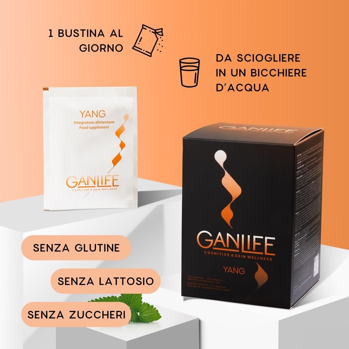 Yang, Integratore Alimentare Con Collagene Marino 5 gr e Antiossidanti, per Buon Umore, Con Polidatina, Zafferano, Melissa, Carnitina e Vit. C, 14 Bustine da 10gr