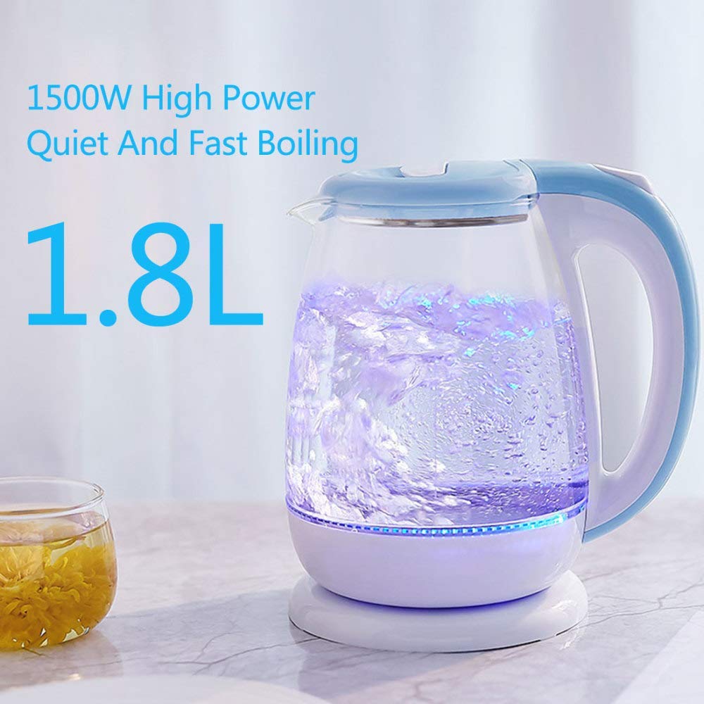 Bollitore in Vetro Ecologico, Acqua Senza Fili da 1,8 Litribollitore con Led Illuminato, Bollitore per Acqua per Tè a Ebollizione Rapida, Spegnimento Automatico e Protezione da Ebollizione a Se