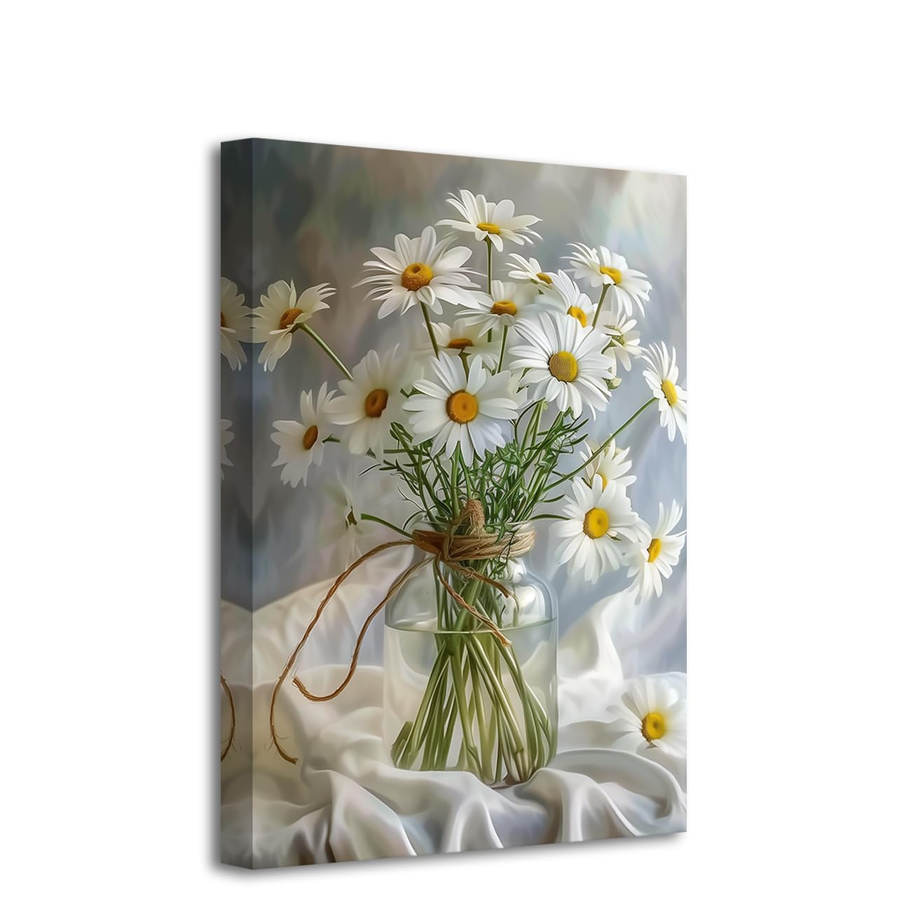 CCWACPP Daisy Canvas Wall Art Floral Bathroom Wall Decor Rustic White Flower Painting Print Daisies in a Vase Pictures Bedroom Office Kitchen Decor Frame (60.00 x 90.00 cms)