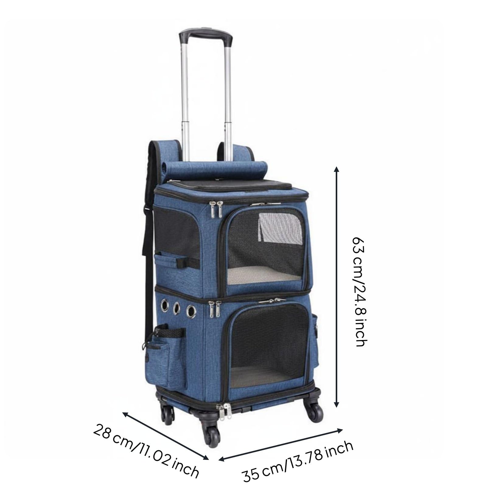 Travel Carrier Doppelstock Haustier Trolley Tasche Tiertransport Tasche Haustierkoffer mit Rollendem Fahrwerk Und Tragbarem Griff aus Oxford mit, Blau, Dunkelblau, Groß 35 28 63 Cm