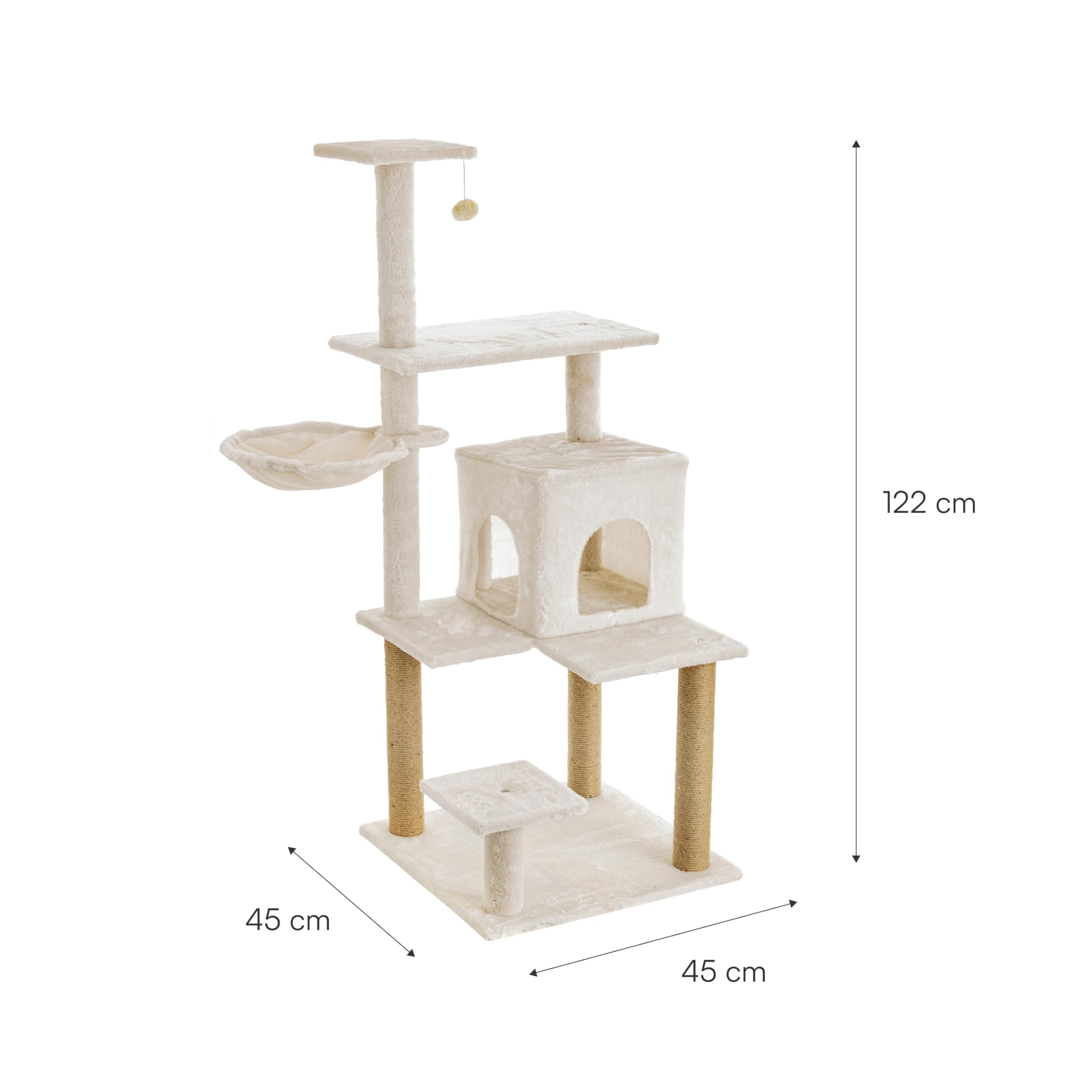 Baroni Home Árbol Rascador para Gatos, Árbol Rascador para Gatos y Gatitos, Árbol Rascador de 4 Pisos con Pelota, Hamaca y Perrera Rectangular, 75x55x125 cm, Crema