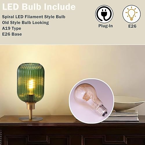 Miniatura 8 de Lámpara de mesa de cristal de mediados de siglo,Lámpara de escritorio regulable,Bombilla LED incluida,Temporizador incorporado,Vidrio acanalado verde