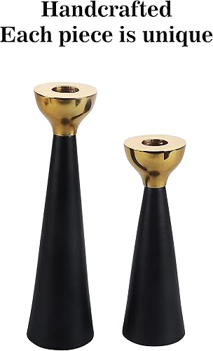 Miniatura 6 de Rely+ Juego de 2 portavelas cónicos negros y dorados, modernos portavelas de metal para centro de mesa de comedor, decoración del hogar, decoración