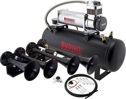 Vixen Horns Kit de bocina de tren para camionescochesemi. Sistema completo a bordo compresor de aire de 200 psi, tanque de 2.5 galones, 4 trompetas.