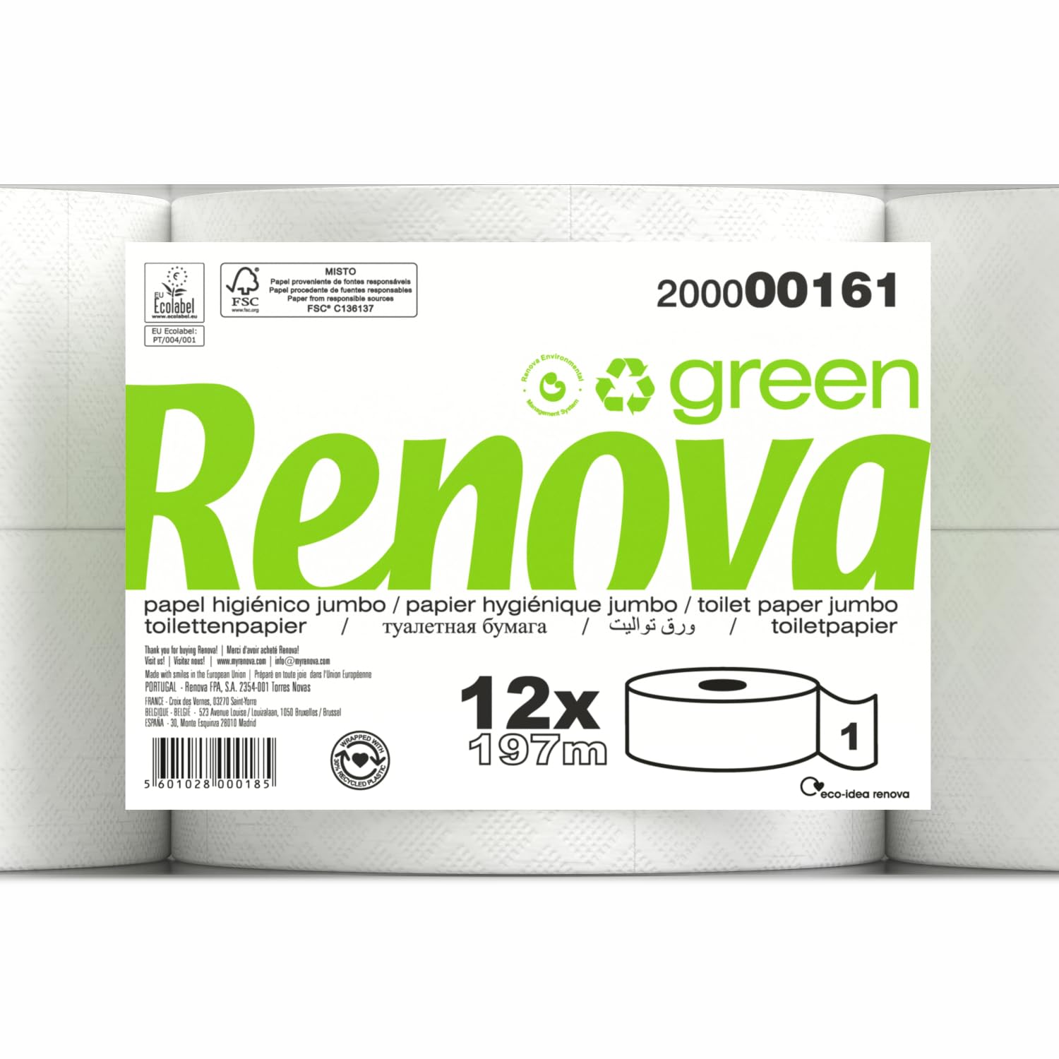 RENOVA 5601028004961 Papel Higiénico Jumbo Renovagreen - 12 Rollos Blancos