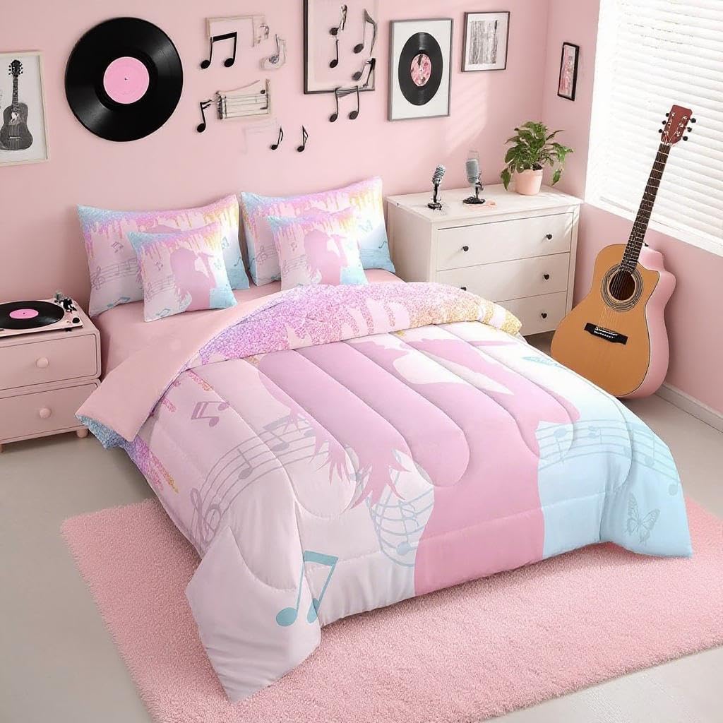 jejeloiu Girls Singer Comforter Set 7 Pieces Pink Music Bedding Set Full Size Glitter Fashion Women Bed in a Bag Room Decor Lightweight Bed Set with Comforter, Sheets, Pillowcases & Cushion Cover