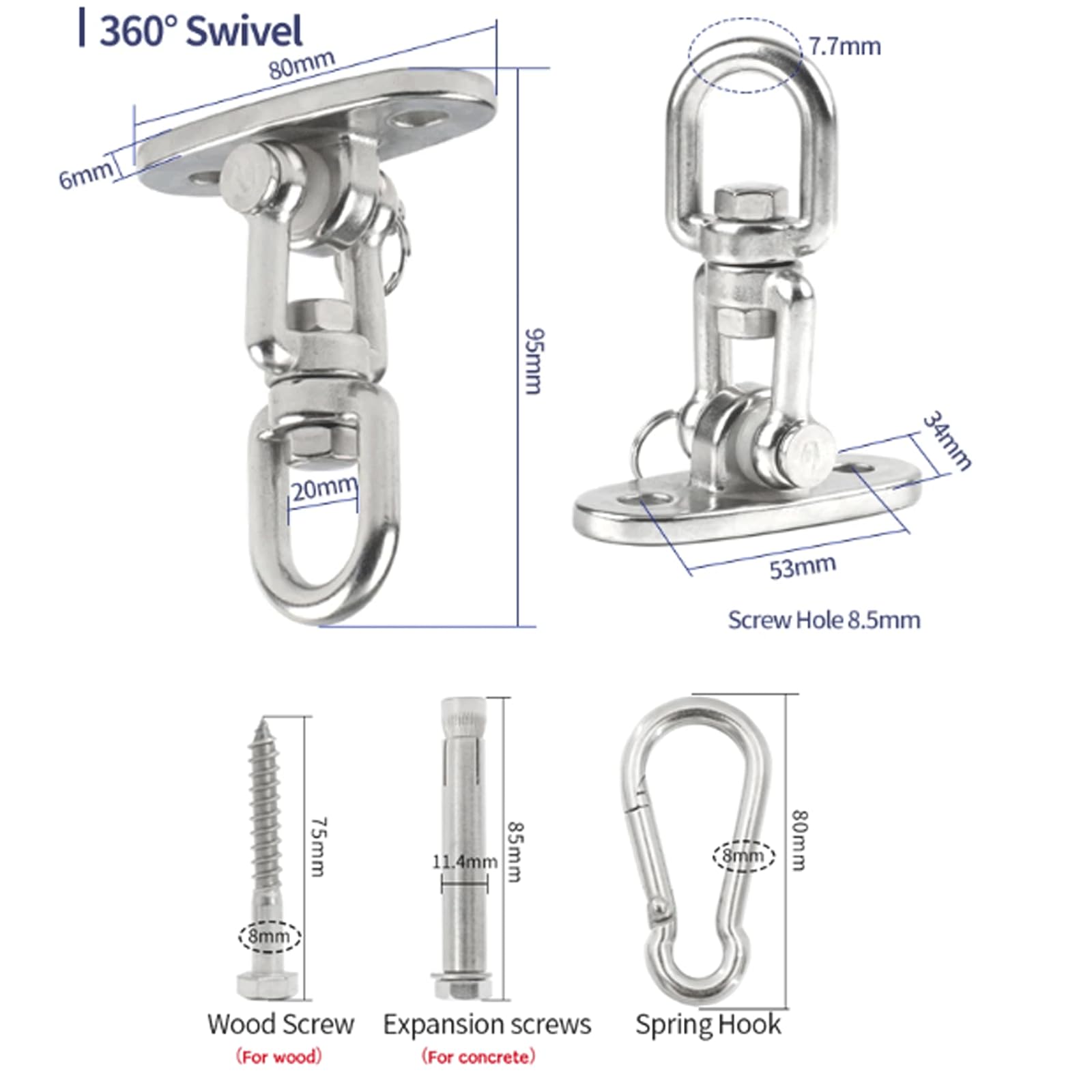 Gancho oscilante Accesorios de Columpio de Acero Inoxidable, Gancho de Carga, Placa Fija para Hamaca con Gancho y Tornillo para Silla Colgante con Bolsa de Arena