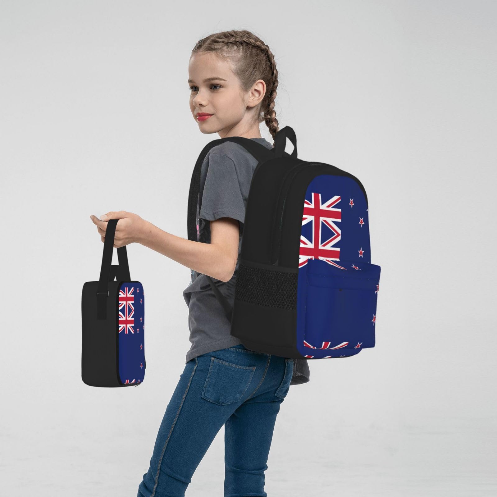 Flaga Nowej Zelandii plecak dziecko chłopcy dziewczęta pudełko na lunch szkoła torba zestaw uczniów szkoły student prezent, Czarny, One Size, Bagaż