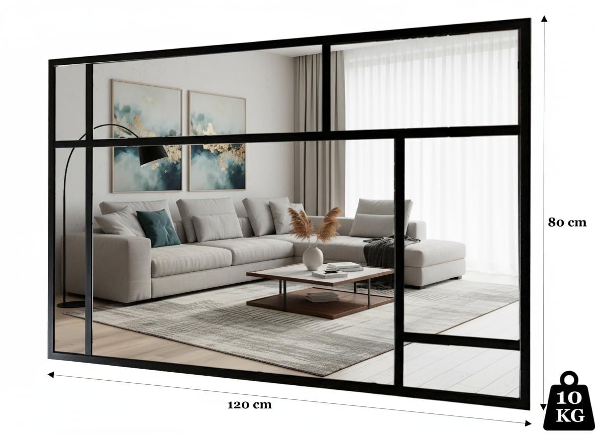 THEROSE Espejo Ventana Atelier, Espejo Industrial Atelier, Aluminio Negro, 120x80 cm (120x80, Negro)