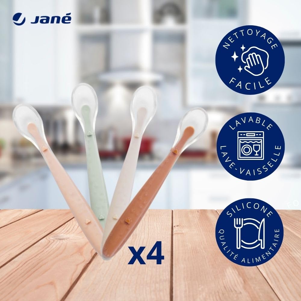 Jané Lot de 4 Cuillères en Silicone pour Bébé et Enfant, Souple, Bout arrondi, Sans BPA, Lavable au lave-vaisselle, Colour Sunset