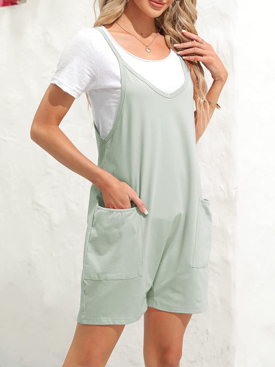 Ebifin Damen Latzhose Kurz Arbeitshose Sommer Lose Overall Jumpsuit Ärmelloser Latzhosen mit Große Taschen.