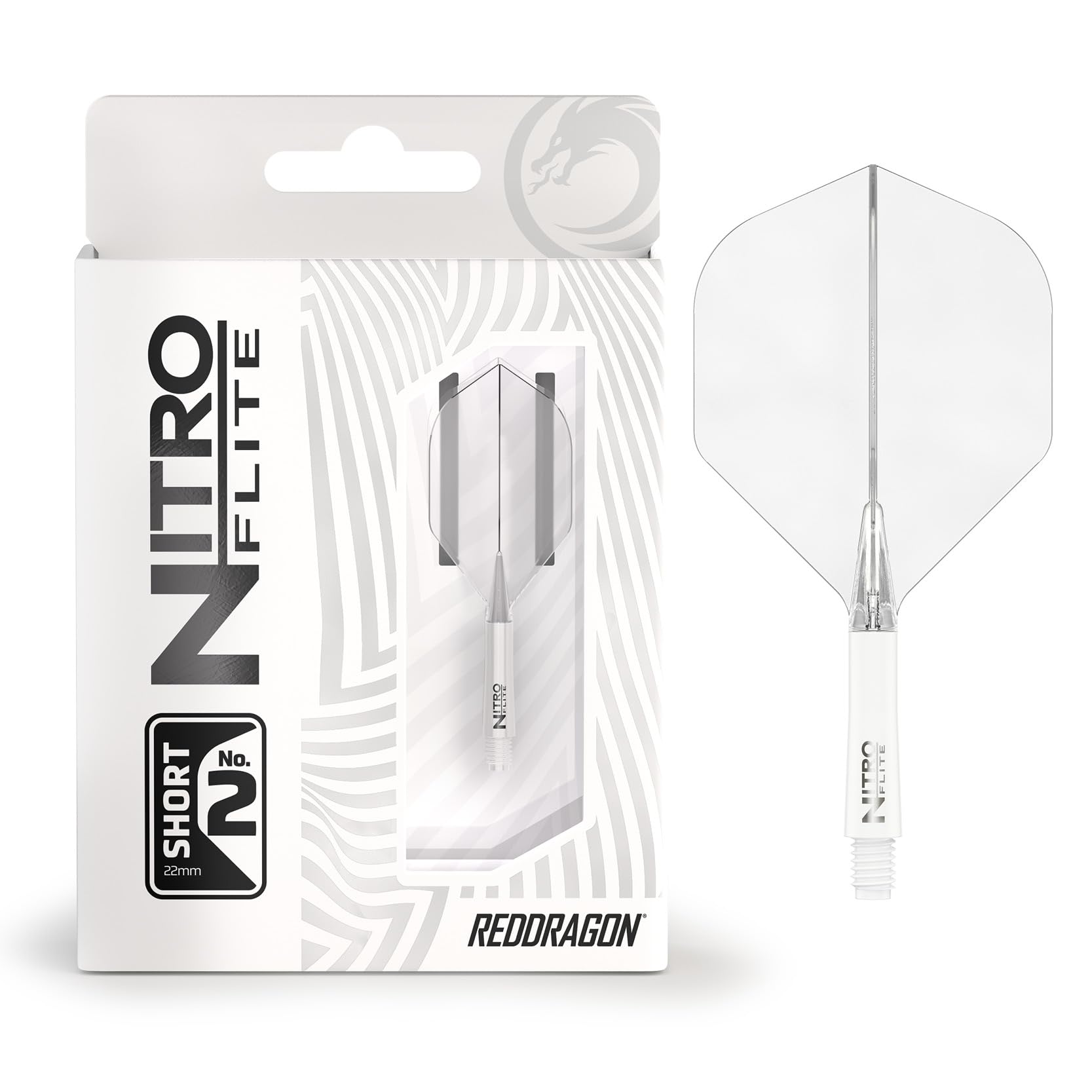 RED DRAGON Darts – Nitro Flite Integrated Flight & Shaft System – No.2 Shape and Design – White & Clear Colour, Short Length — image 1
